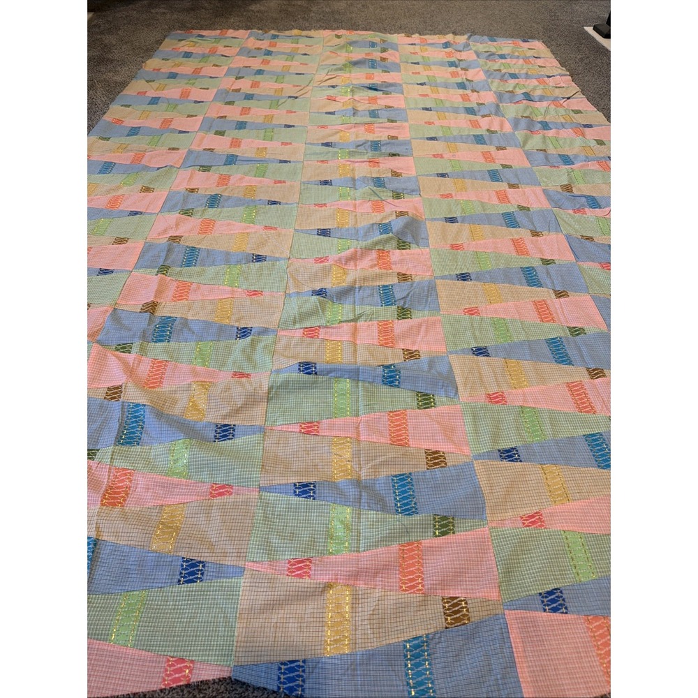 Vtg Handmade Quilt Top 63x93" Blue, Green, Geometric Pattern Unfinished